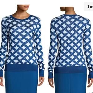 Hugo Boss Fadenia Superfine Jacquard Virgin Wool Blend Knit Sweater Blue Medium